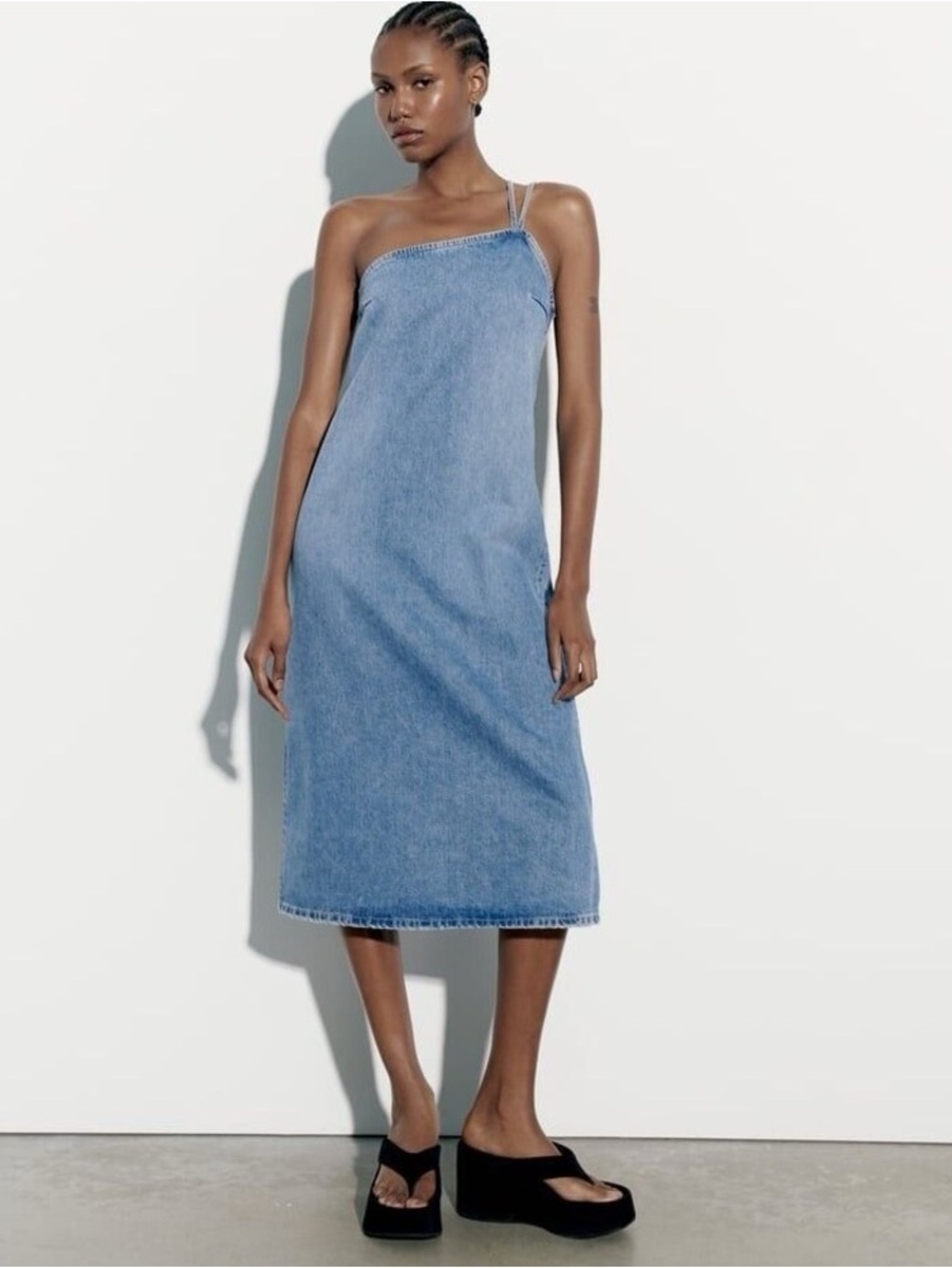 Zara Denim Midi Slip Dress in Blue